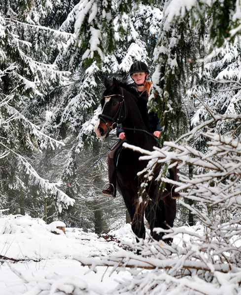 Schnee auf den Bergen rund um H melschenbug - Shavalou und Johanna haben ihn genossen - Foto: Beate Langels - 
Trakehner Gestt Hmelschenburg